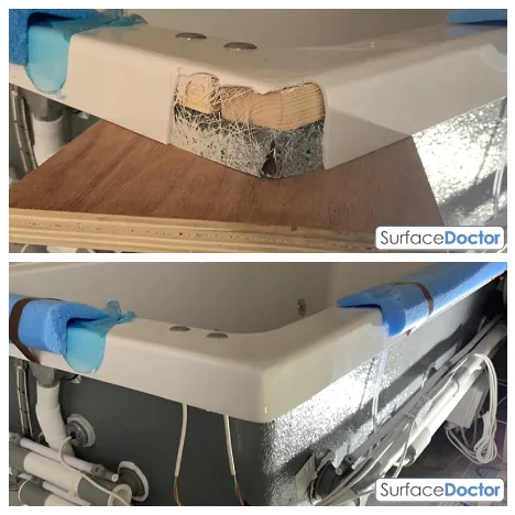 Before and after: a damaged acrylic bath corner repaired in place