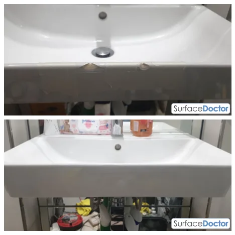 Before and after: a chip on the front of a bathroom basin repaired