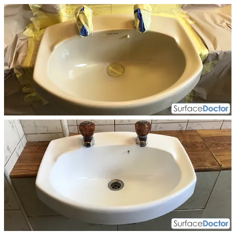 Stained basin resurfaced to clean white (before and after)