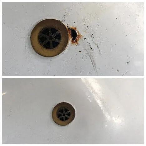 Bath enamel chip by the waste, filled and colour matched (before and after)