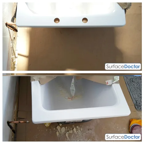 Before and after: a damaged ceramic basin restored