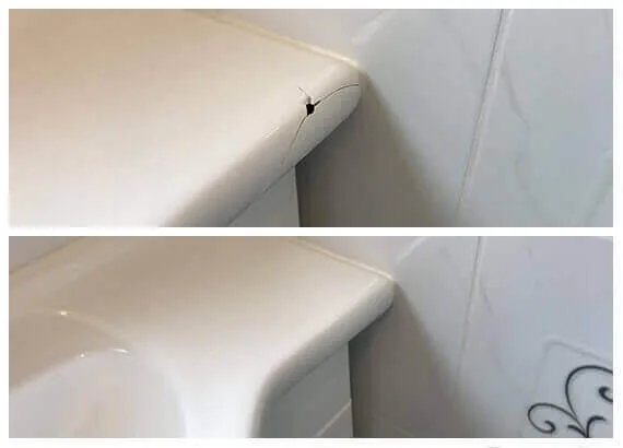Before and after: a crack on the edge of a basin repaired