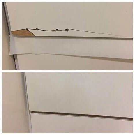 White panel with a damaged edge, shown before and after repair