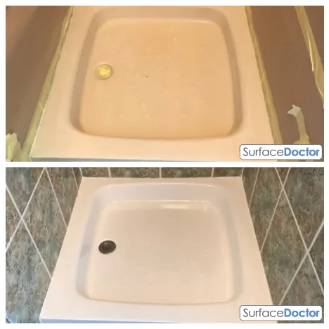 Stained shower tray resurfaced to clean white, before and after