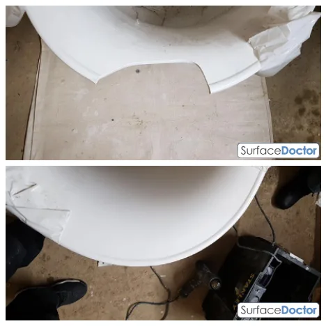 Before and after: a damaged toilet pan restored by Surface Doctor